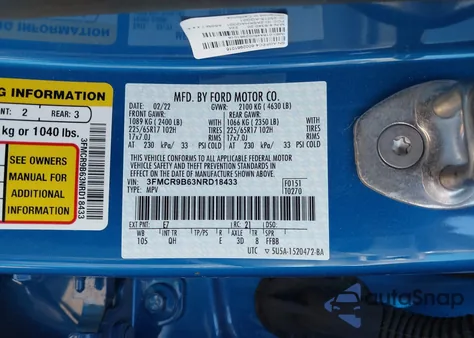 2022 Ford Bronco Sport Big Bend from USA, damaged, VIN 3FMCR9B63NRD18433